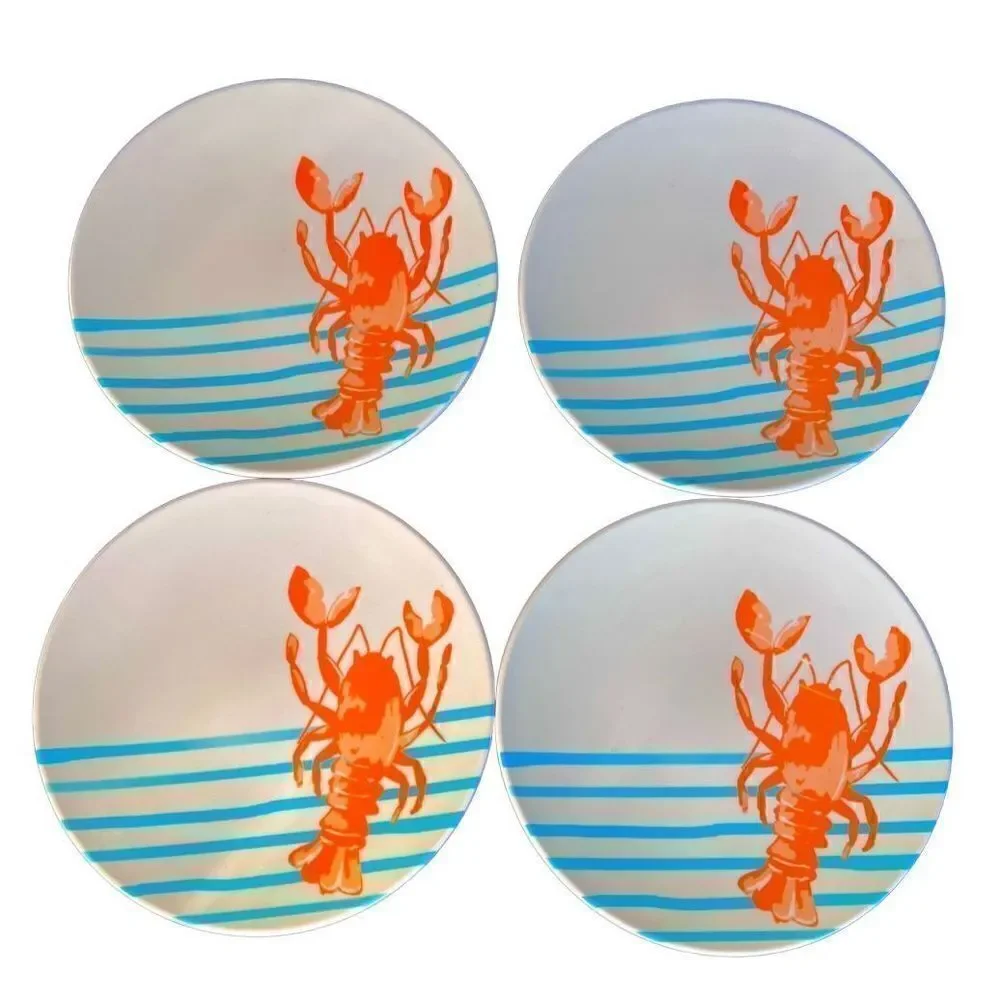 4-PIECE MELAMINE PLASTIC SET APPETIZER PLATES LOBSTER AQUA STRIPE DESIGN